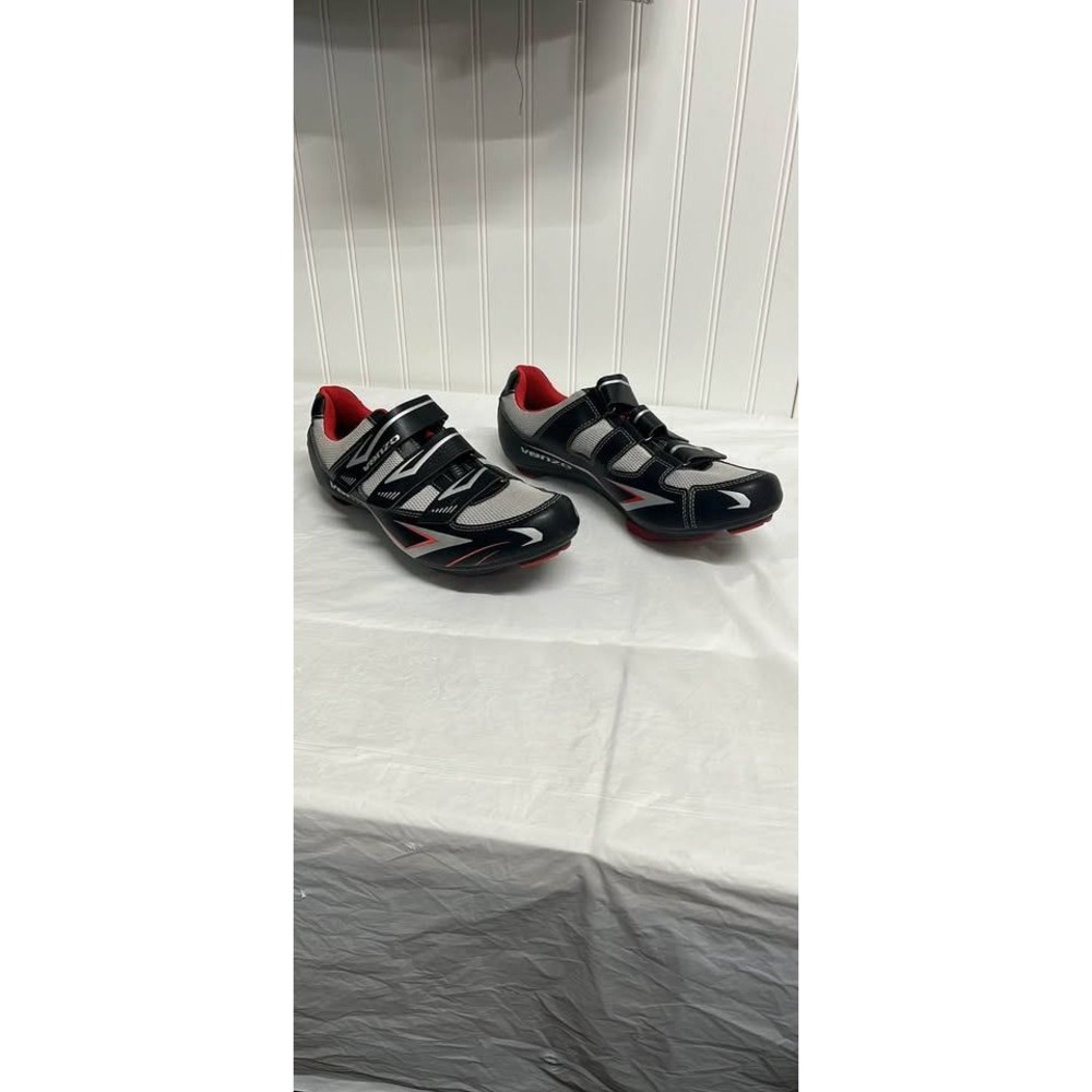 Venzo Men Road Cycling Shoes Black Silver Red 3-Strap Size US 13 EU 48 - Picture 2 of 8